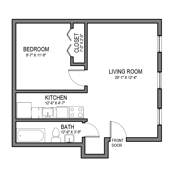 Floor plan for 1 bed, 1 bath, 500 sqft